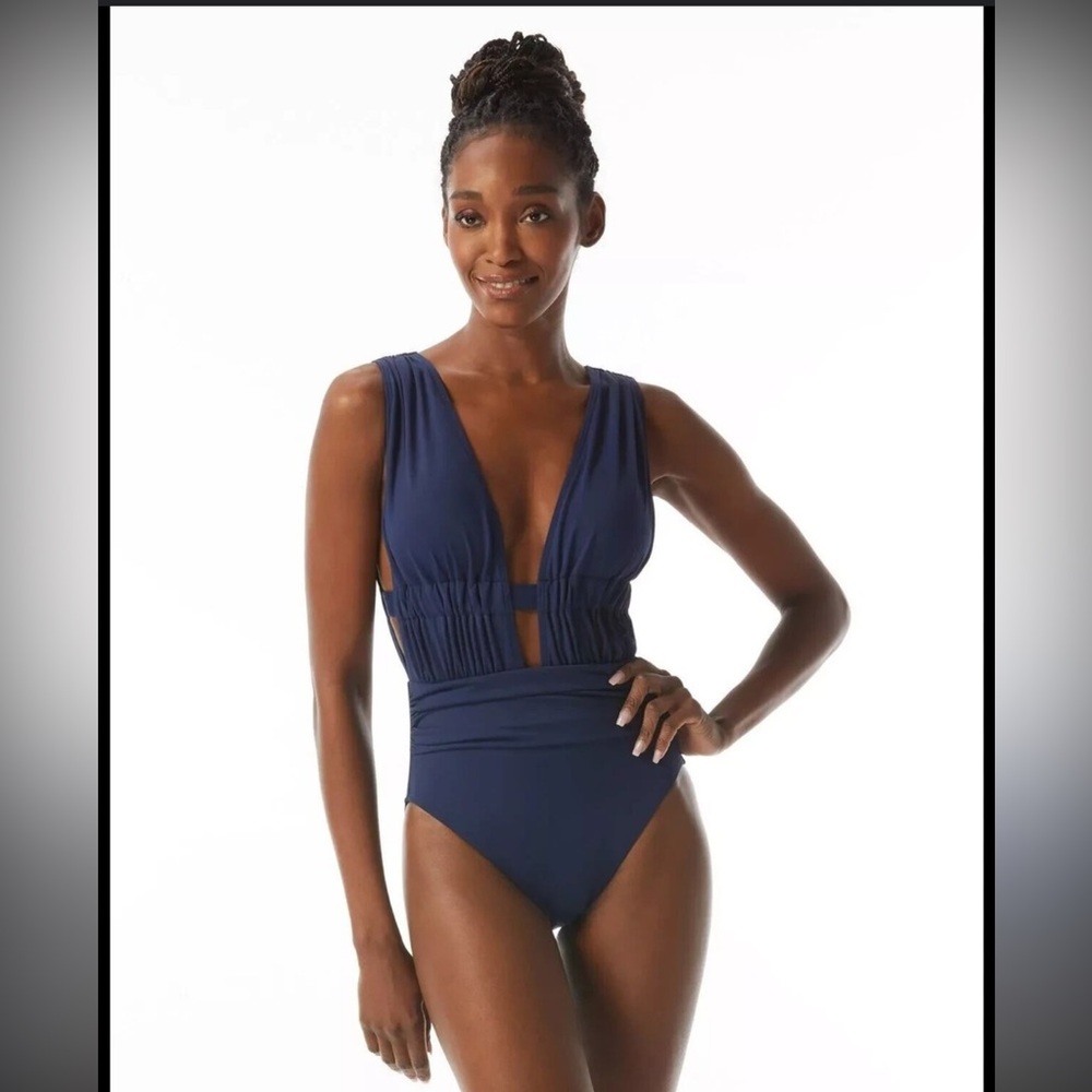 Carmen Marc Valvo Navy Plunge One-Piece Swimsuit